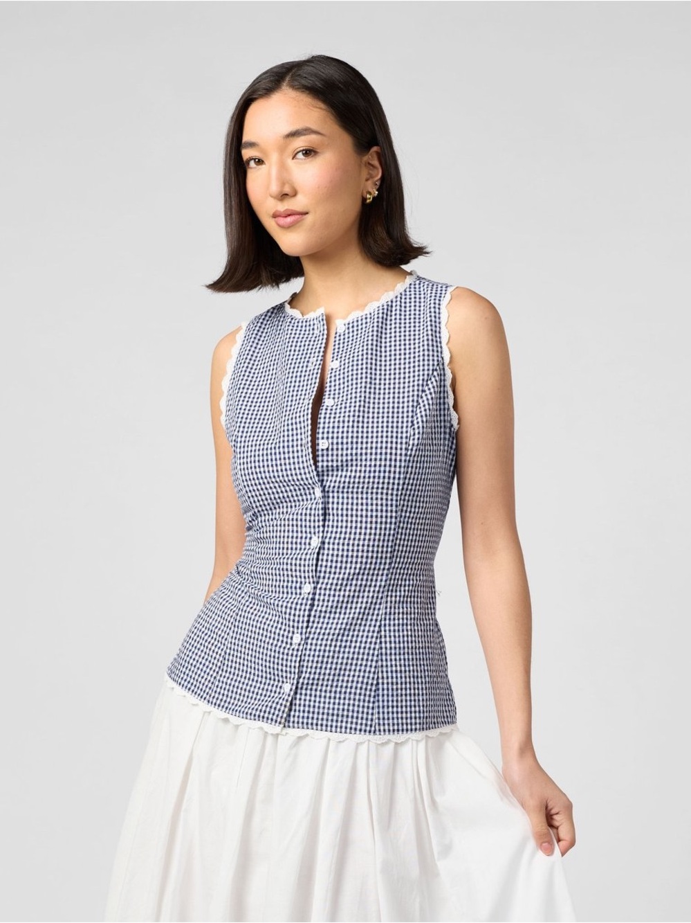 Christian Lacroix Blue Gingham Sleeveless Button-Front Top